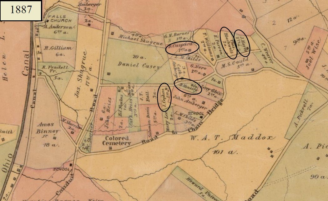 1887 map detailing land parcels in the Palisades area of Washington DC. The map features the names of African American landowners including Hayes, Blackwell, Cuspard, Honesty, and Cephus and the C&O Canal