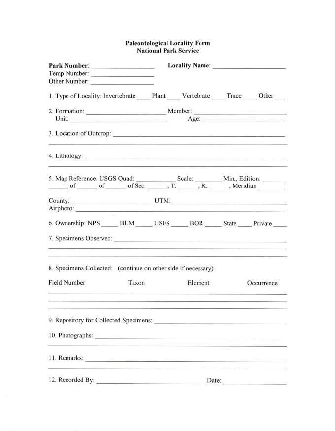 Apgar_Image_4_Paleo_Locality_Form A copy of the current Paleontological Locality Form used by park staff and researchers across  national park service areas.