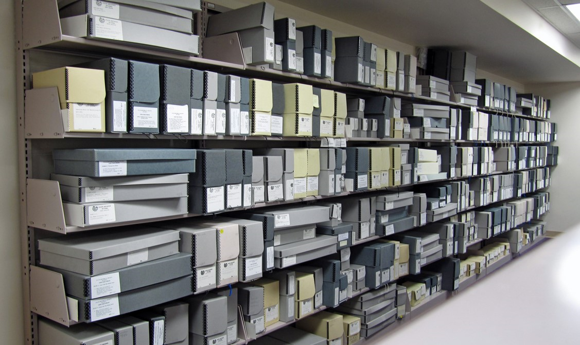 Iowa State Archives and Records Shelves of file folders and containers.
