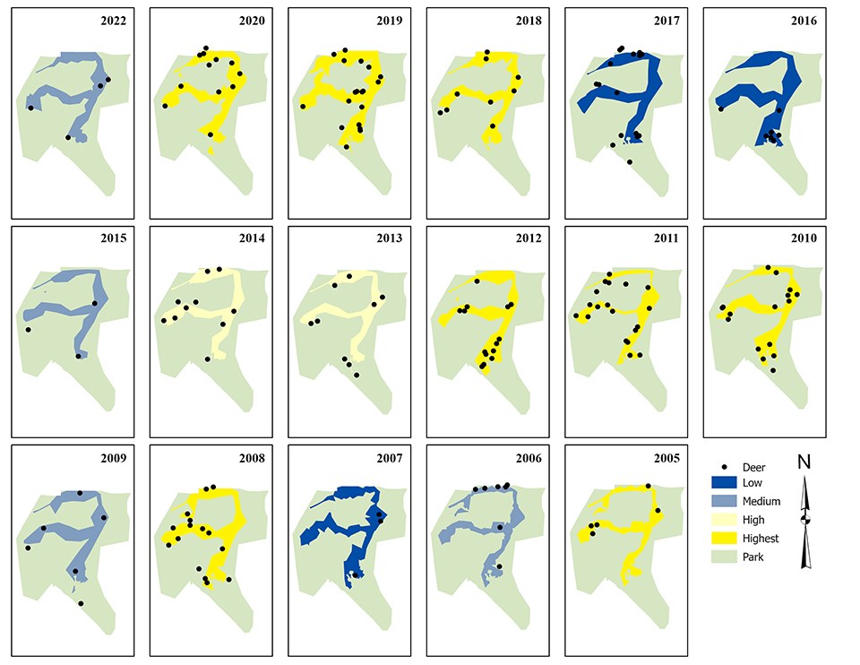 maps of deer locations and counts from 2005 through 2022 with 2005, 2008, 2010, 2011, 2012, 2019, and 2020 having the most deer.