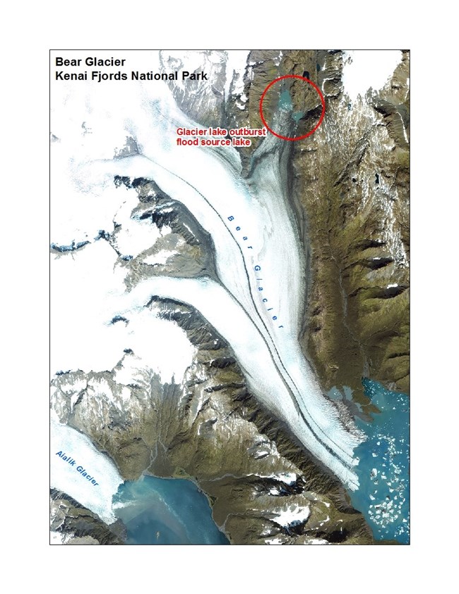 Bear Glacier source lake Map showing the ice-dammed lake, approximately 8.8 miles to the north of glacier's terminus.