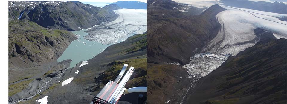 bear glacier ice-dammed lake Two photos showing the referenced ice-dammed lake, full in 2009 and empty in 2014.