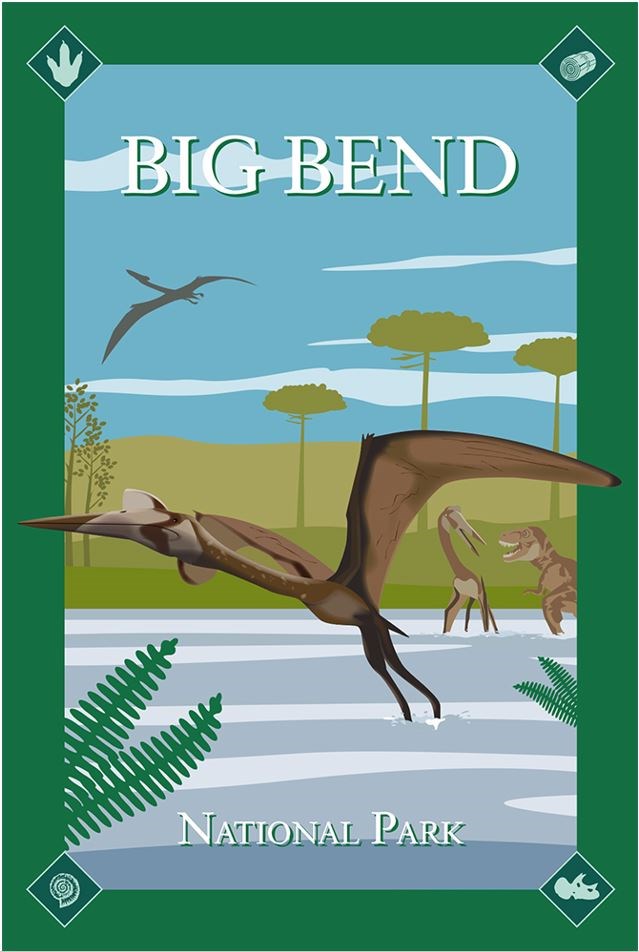 Illustration titled "Big Bend National Park" with pterosaurs,tyrannosaurus rex, and other prehistoric creatures