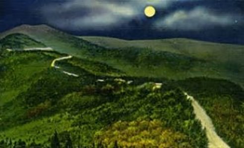 Painting of a road winding through hills