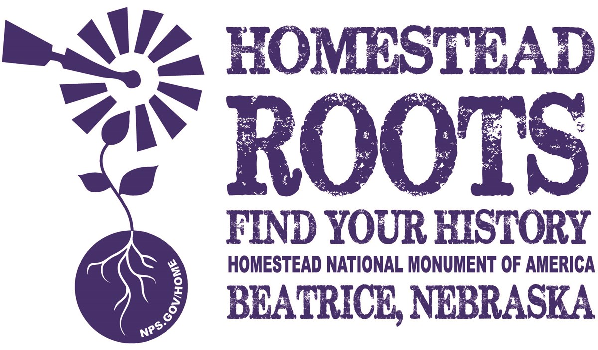 Find Your Roots with Homestead National Monument of America A blue logo showing a windmill that comes up out of the ground like a flower. The text says "Homestead Roots, Find Your History, Homestead National Monument of America, Beatrice Nebraska