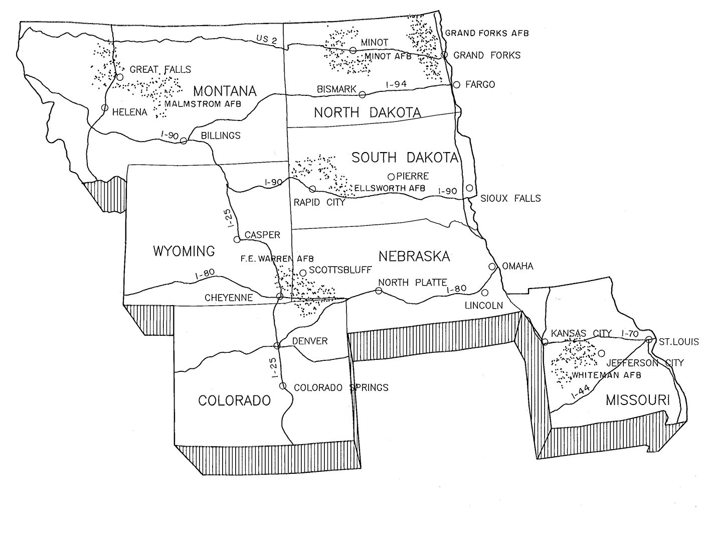 Minuteman Missile Fields of the Cold War Black and white line drawing of the upper midwest states showing the location of the six missile fields