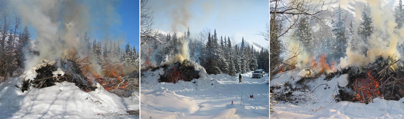 Three side-by-side images that display a large brush pile controlled burning in Denali National Park and Preserve.