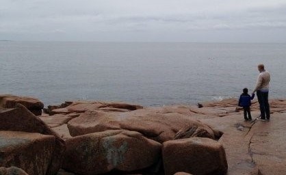 Man and boy stand on rocks along the shore.