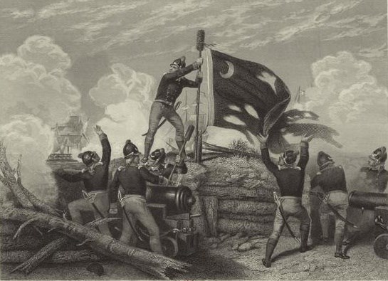 Sergeant William Jasper planting flag atop patriot fort with British navy in background