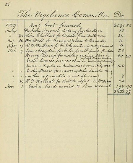 Handwritten records of the Vigilance Committee with a list of names of people, including Austin Bearse, who assisted freedom seekers.