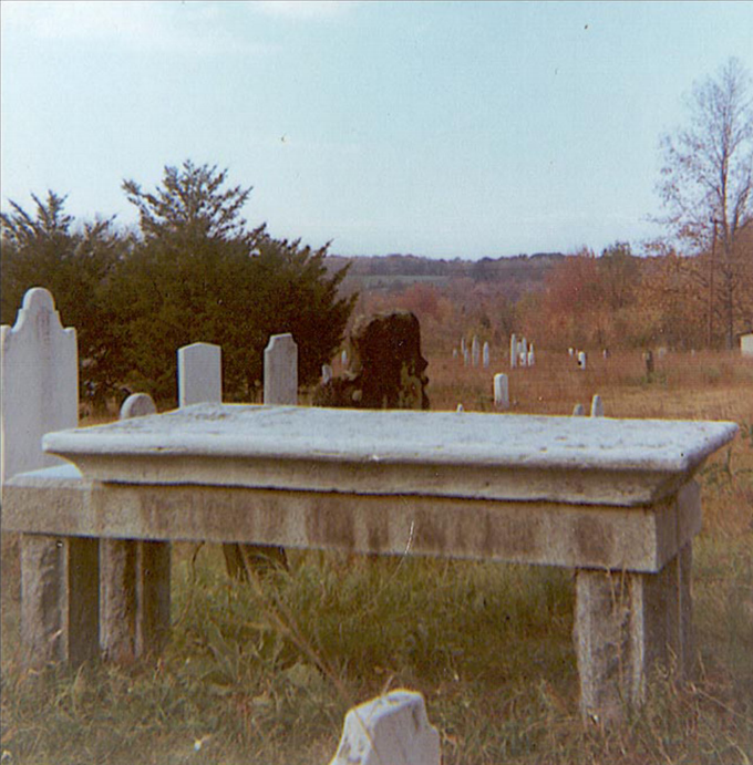 lt= Gravestones surrounded by trees and tall grass