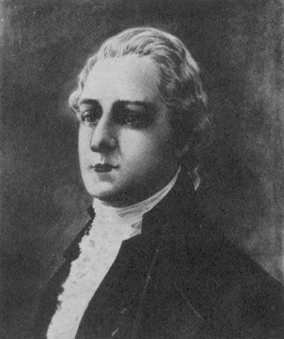 Black and white drawing of man in powdered wig, ruffle collar and black jacket.