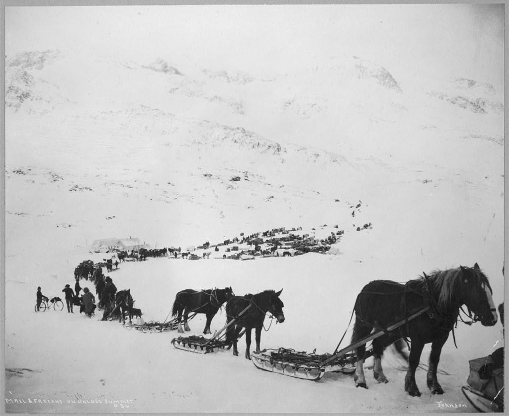 A winter landscape with a line of people, horses, and bikes trying to hike through the snow.