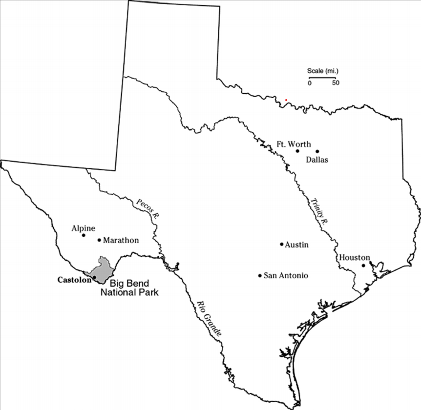 Map of Texas depicting the location of Big Bend National Park
