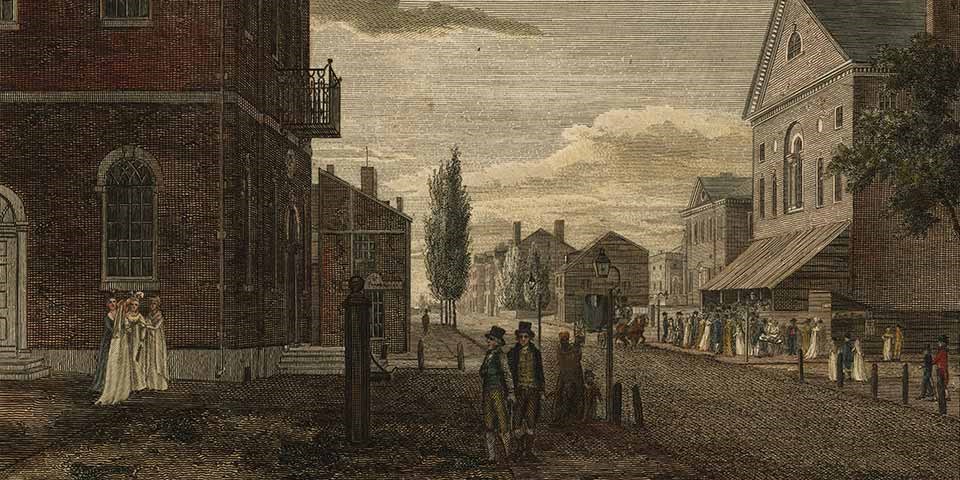 Detail, print showing street scene in 1800 with buildings on either side.