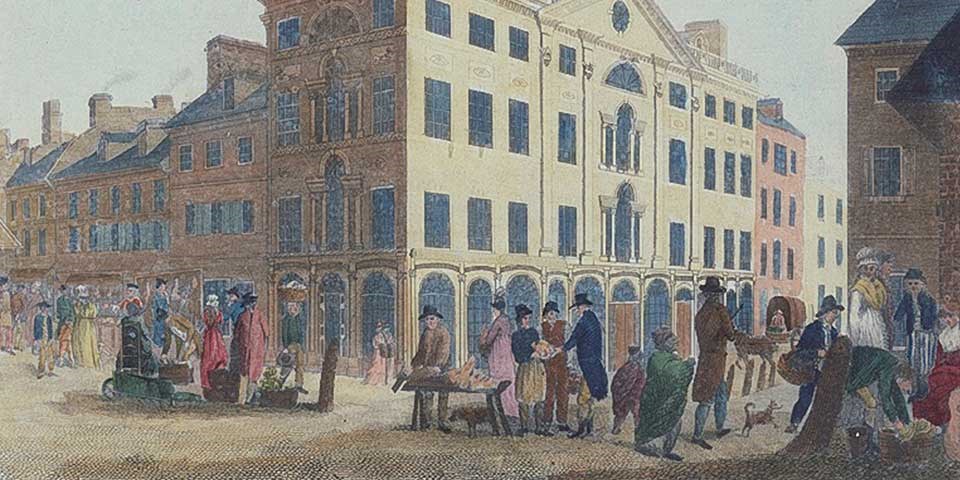 Detail, color engraving showing a city street scene from 1800.