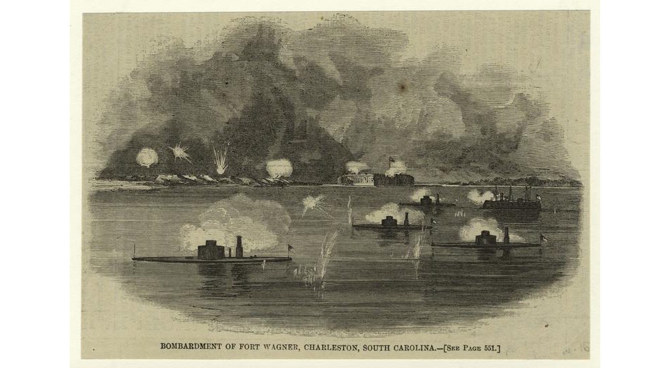 Print of ships in the water attacking Fort Wagner.