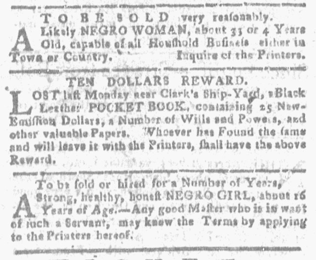 Newspaper ad for enslaved women