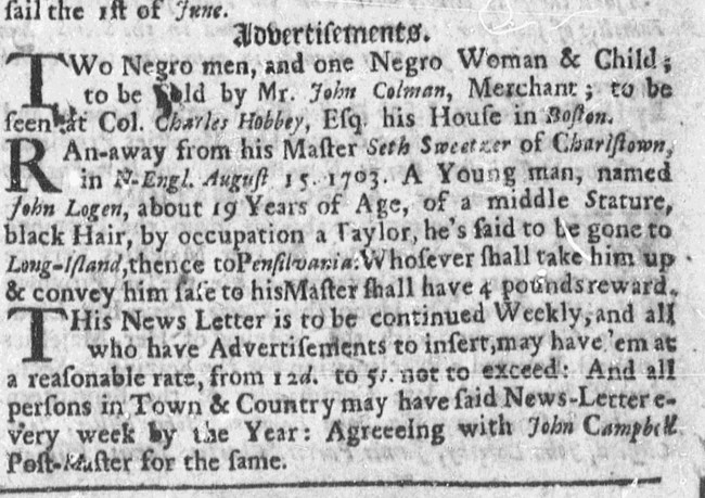 Newspaper advertisement for an enslaved man