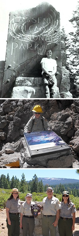 Photos of volunteers Greg and Annette Brahms. Three stacked photos. Top photo is black and white of boy posing in front of a sign that reads "Lassen Volcanic National Park." Middle photo is a woman wearing a yellow hard cat sliding an interpretive panel into a metal frame. Bottom photo is four people