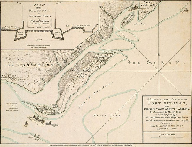 Map of the British plan of attack on Sullivan's Island, showing British ships, islands, and bodies of water