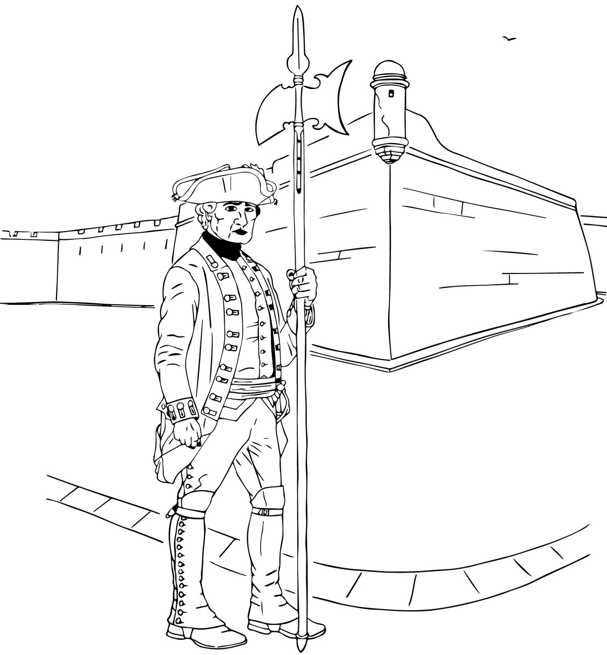 Coloring page of a 1763 British Sergeant standing in front of the Castillo, called Fort St. Mark by the British.