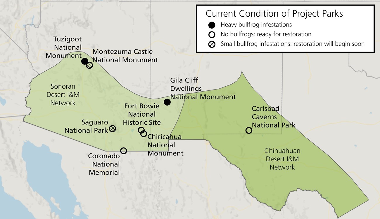 A map detailing the project scope across work at Carlsbad Caverns National Park, Chiricahua National Monument, Coronado National Memorial, Fort Bowie National Historic Site, Gila Cliff Dwellings National Monument, Montezuma Castle National Monument.