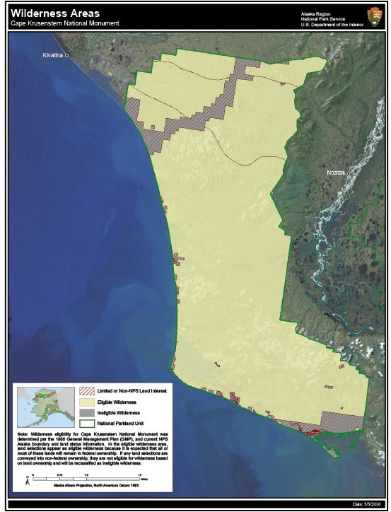 CAKR_WildernessAreas_20160505 A map of Cape Krusenstern National Monument and wilderness designation areas.
