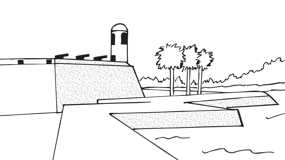 Coloring Page of Cartoon Castillo de San Marcos NM includes an image of the western view of fort bell tower, cannons on gun deck, sea wall, palm trees, and water.