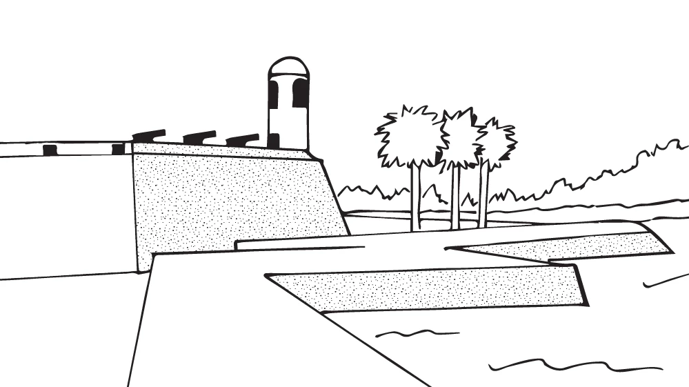 Coloring Page of Cartoon Castillo de San Marcos NM Coloring Page of Cartoon Castillo de San Marcos NM includes an image of the western view of fort bell tower, cannons on gun deck, sea wall, palm trees, and water.