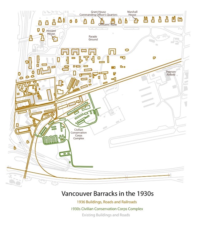 Map showing outlines of Vancouver Barracks buildings in brown and CCC buildings in green.