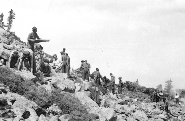 CCC crew moving rocks for the Brian Head overlook road.