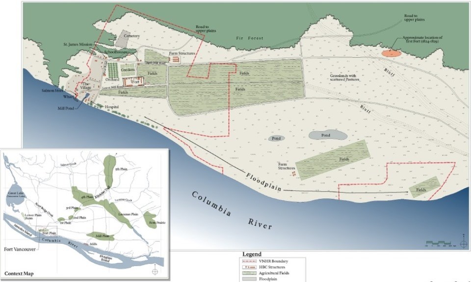 Map showing the site as it appeared in the HBC period with the locations of the fort, fields, ponds, and plains marked.