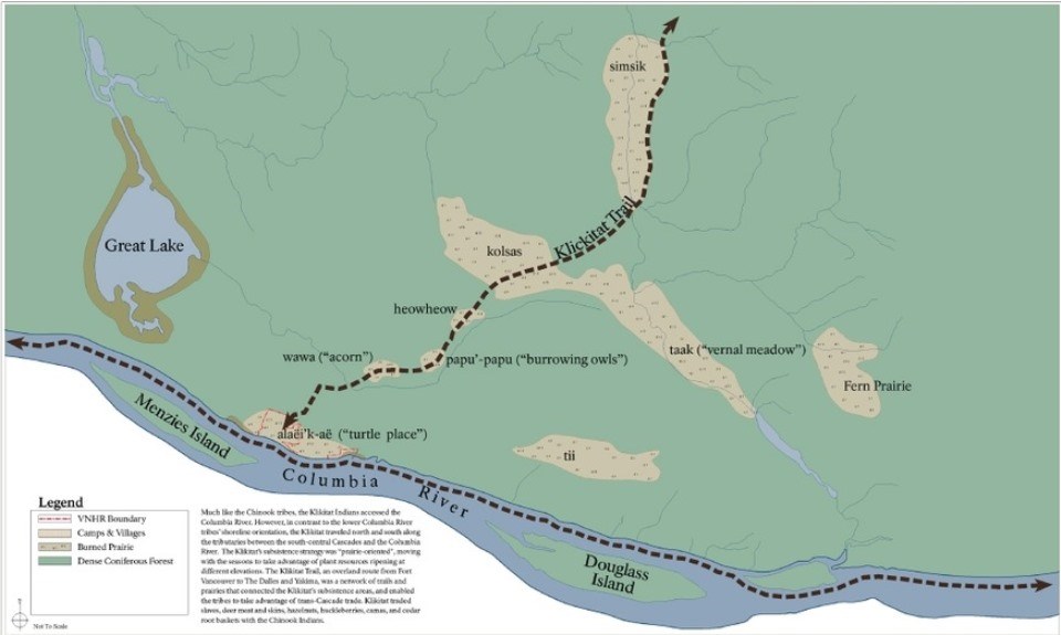 Map showing the area of Fort Vancouver National Historic Site as it appeared before 1824; with locations of prairies marked.