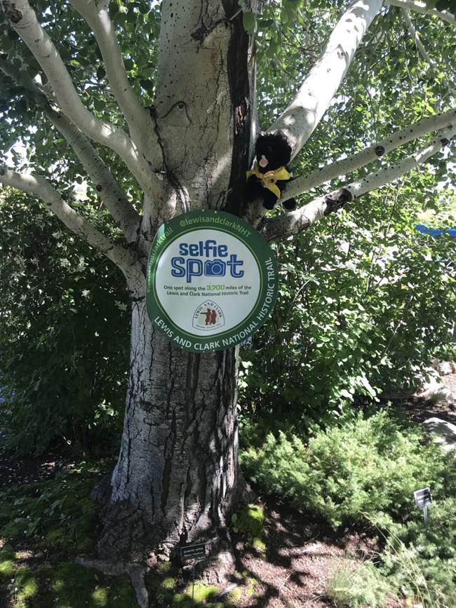 toy dog near Lewis and Clark Trail selfie spot sign