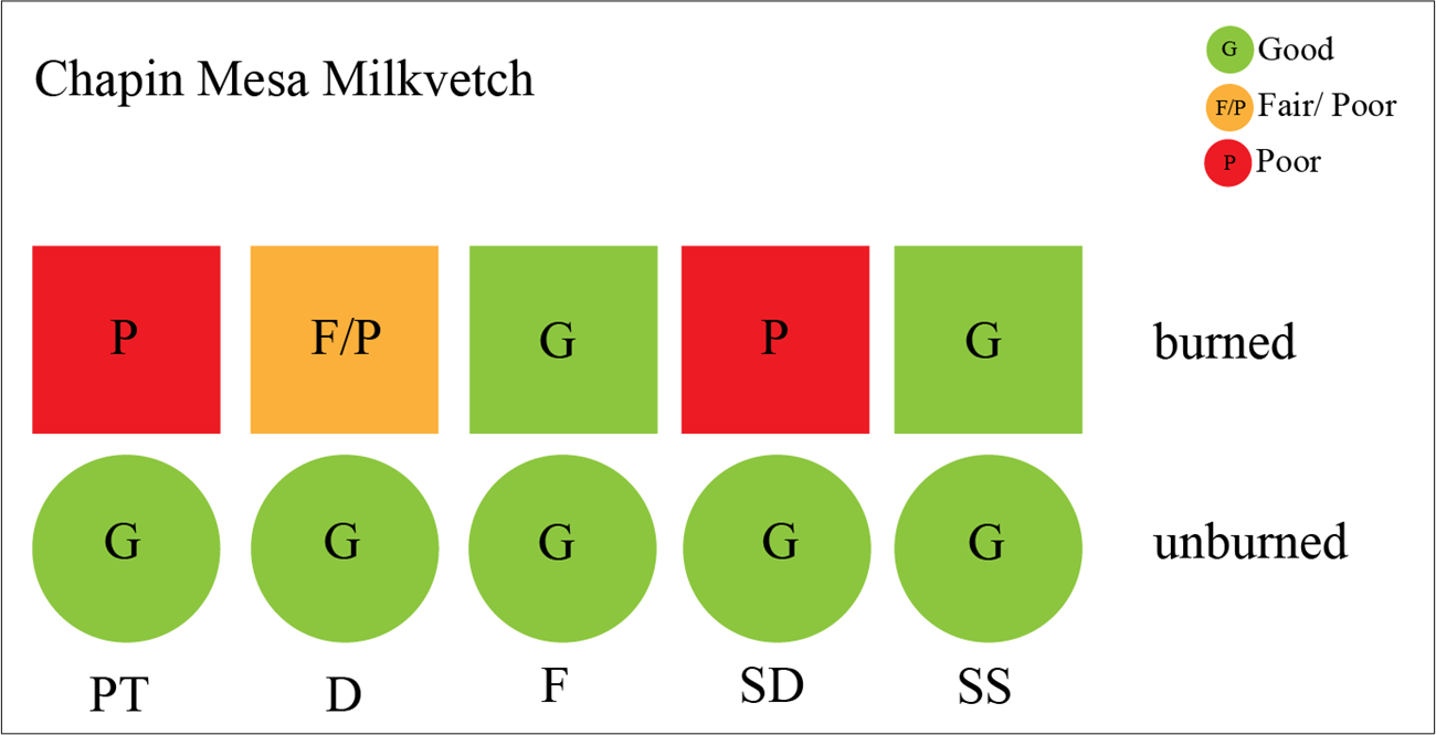 Chapin Mesa milkvetch indicators of condition Graphic with 5 colored circles & 5 colored squares representing different condition indicators for unburned & burned habitat, respectively. All circles are green (good condition), and 2 squares are red (poor), 2 are green (good), & 1 is orange(fair/poor).