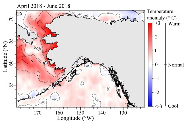 Map of water temperatures off the coast of Alaska in 2018.