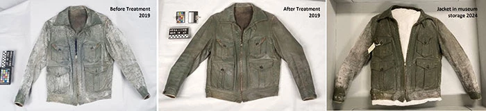 Green leather jacket from the 1960’s, before and after conservation treatment to remove fatty acid spew in 2019 (left and center), compared to the condition of the jacket in 2024 (right).