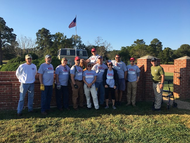 Team Rubicon and Wounded Warriors staff at Colonial National Historical Park on National Public Lands Day. Group of volunteers after a National Public Lands Day event.