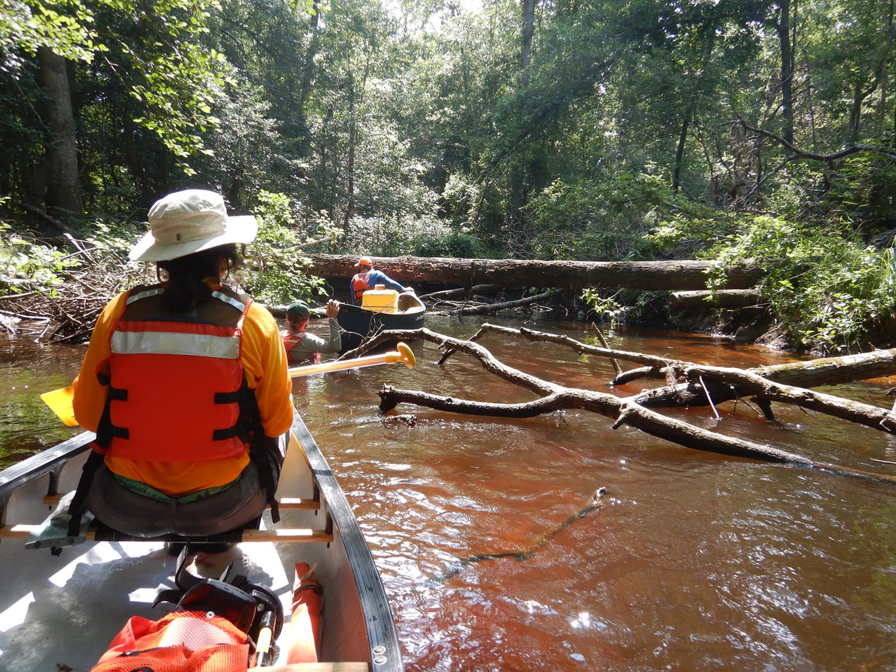 Intern riding in a canoe on the river with two other team members ahead pushing another canoe.