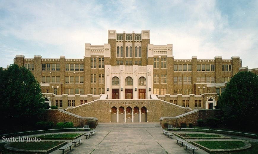 Exterior of large brick school.