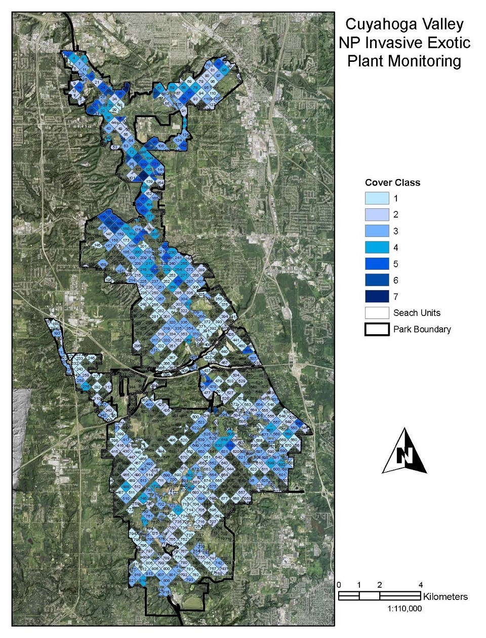 CUVA_GarlicMustard_2016Map_960px Park grid map depicting amount of garlic mustard detected across Cuyahoga Valley NP