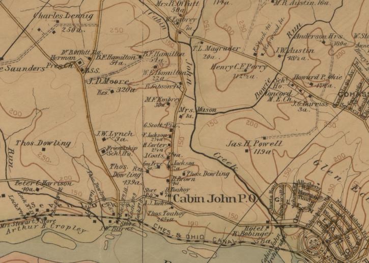 Section of 1894 map showing the Cabin John Post Office and surrounding area along the Cabin John river and C&O Canal. The map also shows the Potomac river and the neighboring Glen Echo area