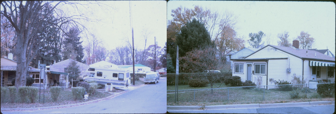 Cabin John Temp Housing Color photos of temporary housing on Carver Rd. Left image is a row of houses with trees, telephone poles, and vehicles lining street. Right image is upclose of a light colored house with 4 windows, 2 doors, and chainlink fence around yard & trees behind
