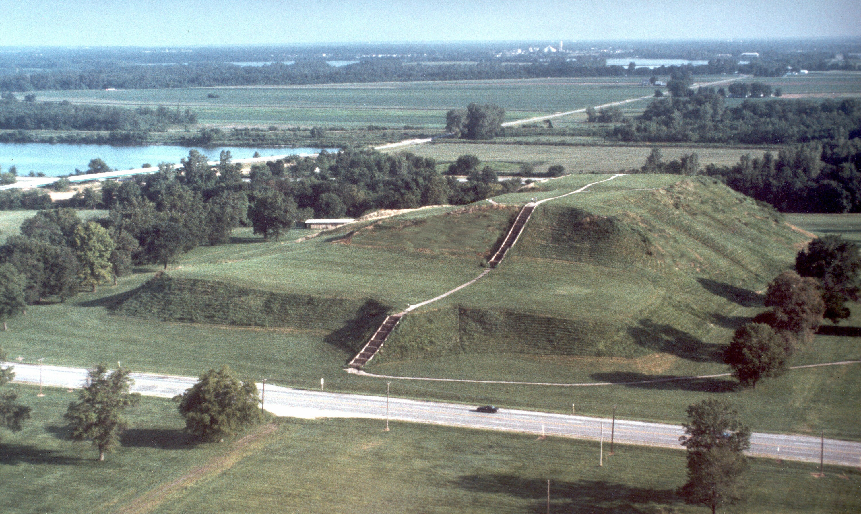 Cahokia's Monks Mounds Aerial view of two giant grassy hills.