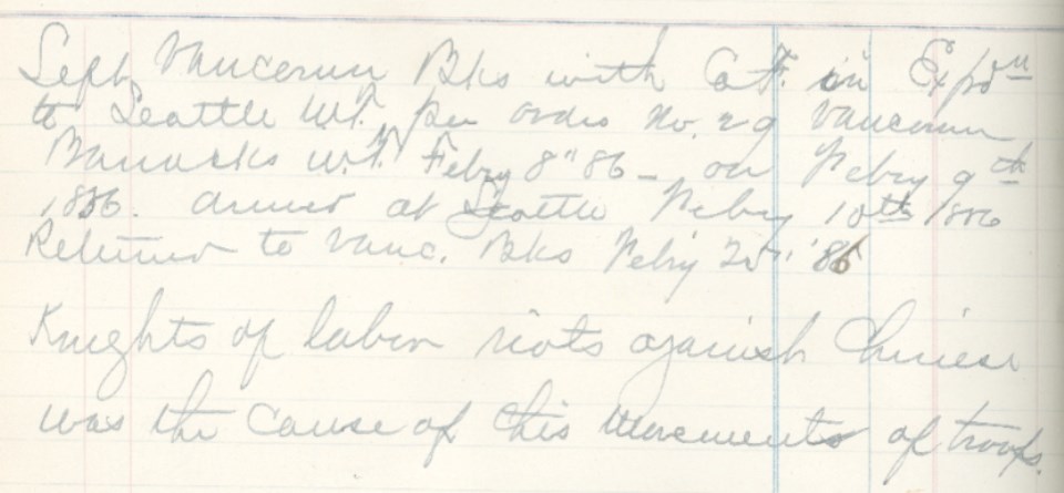Handwritten excerpt from Frederick Calhoun ledger describing leaving Vancouver Barracks and arriving in Seattle.