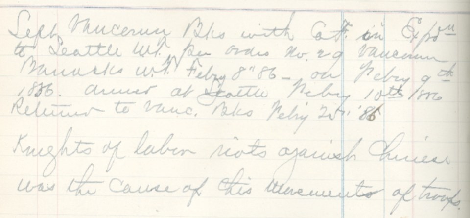 Knights of Labor excerpt Handwritten excerpt from Frederick Calhoun ledger describing leaving Vancouver Barracks and arriving in Seattle.