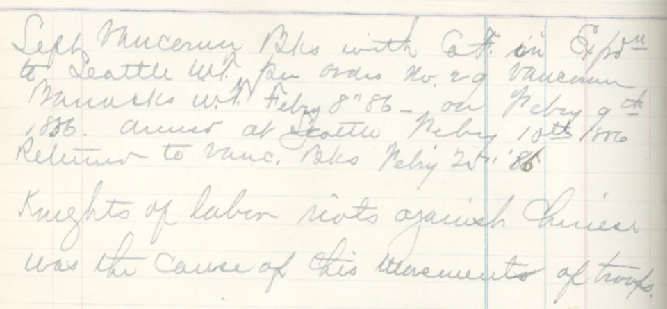 Knights of Labor excerpt Handwritten excerpt from Frederick Calhoun ledger describing leaving Vancouver Barracks and arriving in Seattle.