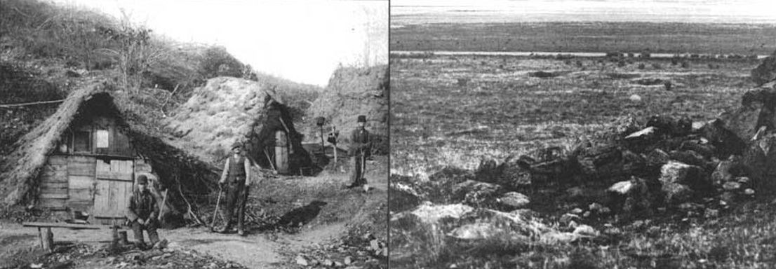 Railroad worker shelter (left) and archeological remains of a shelter (right).