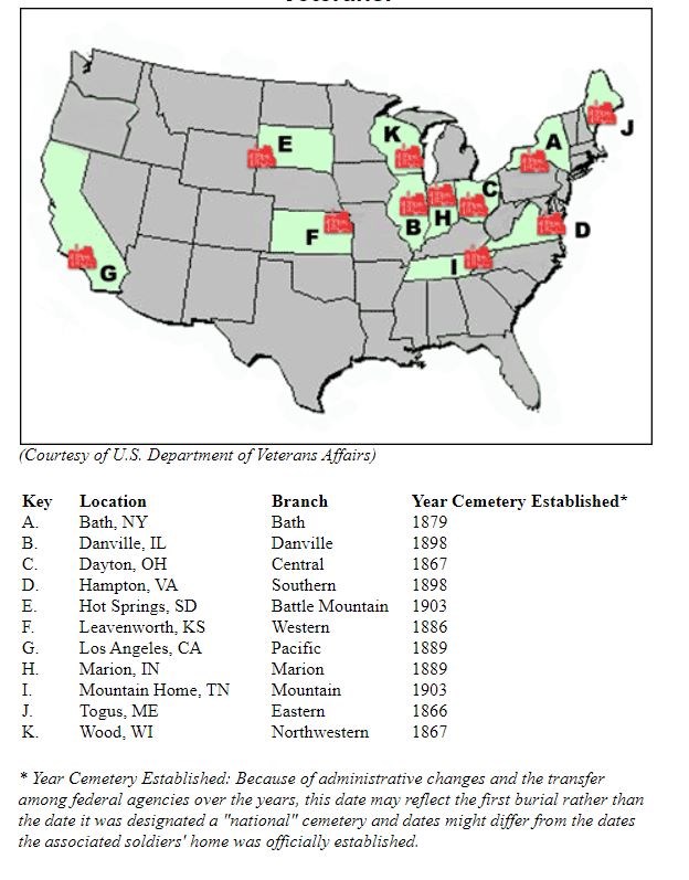 Map of national homes for veterans.